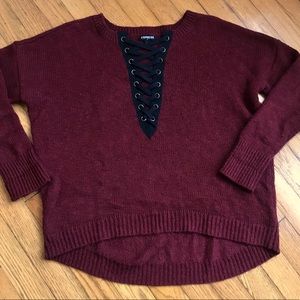 Express Lace-up Hi Lo Sweater, Warm Maroon, Size M